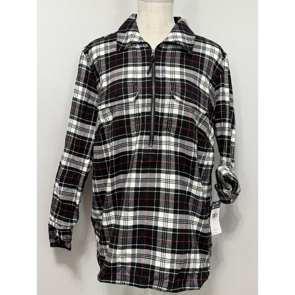 NEW Chaps Women's Black Red White Plaid Festive Holiday Pullover Zip Shirt 1X - Picture 1 of 3